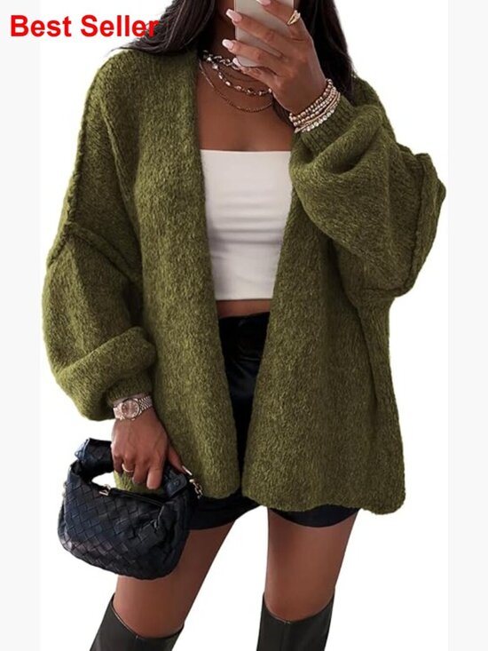 Sweaters - Oversized Cardigan Sweater Long Lantern Sleeve Open Front Lightweight